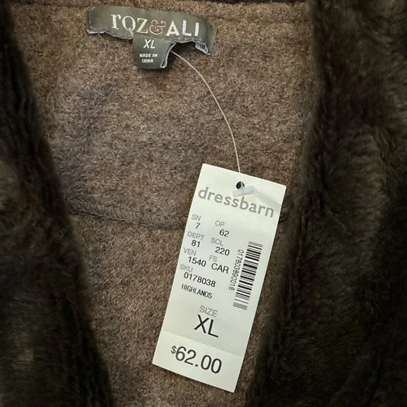 Roz & Ali Brown Wool Cardigan Sweater Blazer Shacket Faux Fir Collar Size XL - Picture 5 of 6